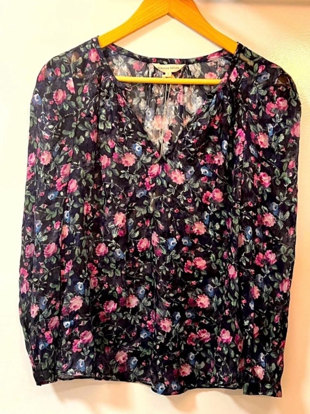 Rebecca Taylor Navy Sheer Floral Blouse with Pink & Blue Flowers